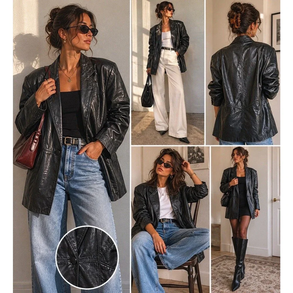 (R1) G III Women's Vintage 80s Black Leather Blazer, Size L, Biker Style